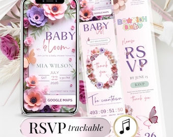 Baby in Bloom Shower Invitation, Floral Butterfly Theme (Digital Invite)