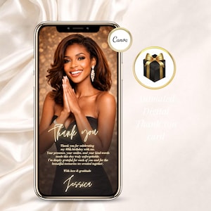 Animated digital thank you card for an elegant birthday celebration, editable in Canva with black and champagne gold styling. Matching thank you design for a 30th, 40th, 50th or any age birthday invitation and glam milestone party.