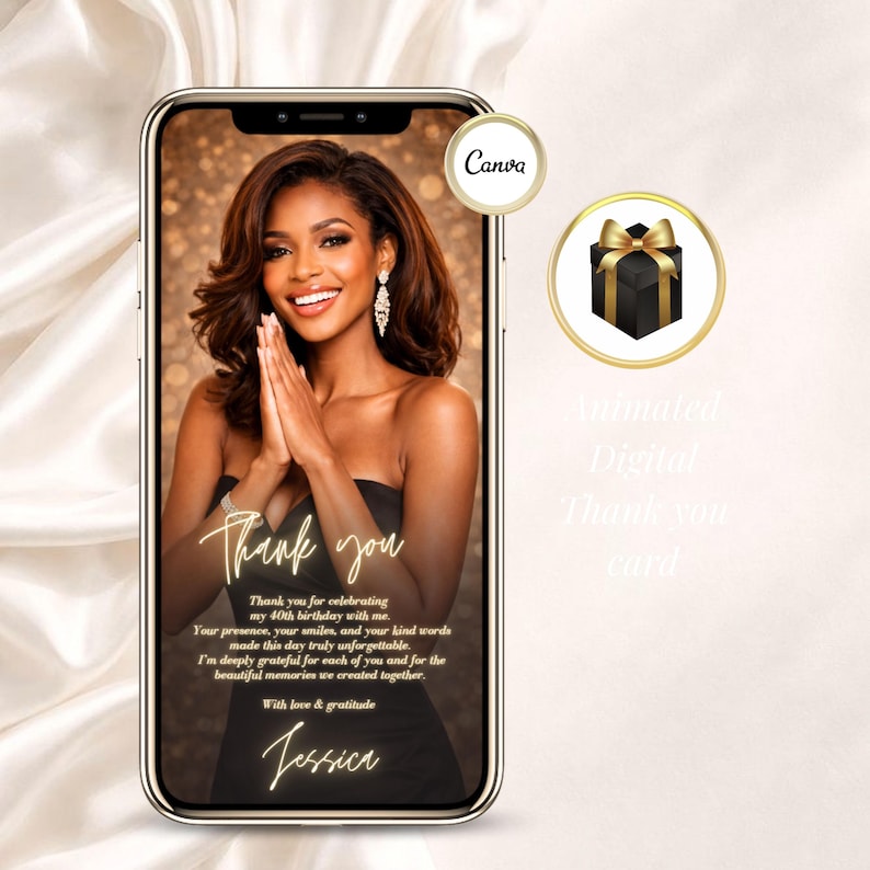 Animated digital thank you card for an elegant birthday celebration, editable in Canva with black and champagne gold styling. Matching thank you design for a 30th, 40th, 50th or any age birthday invitation and glam milestone party.
