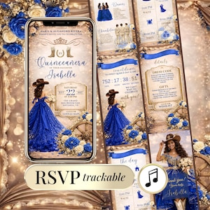 Puede incluir: Invitación digital para una Quinceañera, con una joven con un vestido azul y sombrero de vaquero. La invitación incluye detalles del evento, información de RSVP y un temporizador de cuenta regresiva. El diseño incorpora elementos florales y un icono de nota musical.