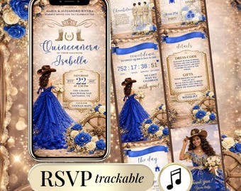 May include: A digital invitation for a Quinceañera, featuring a young woman in a blue gown and cowboy hat. The invitation includes event details, RSVP information, and a countdown timer. The design incorporates floral elements and a musical note icon.