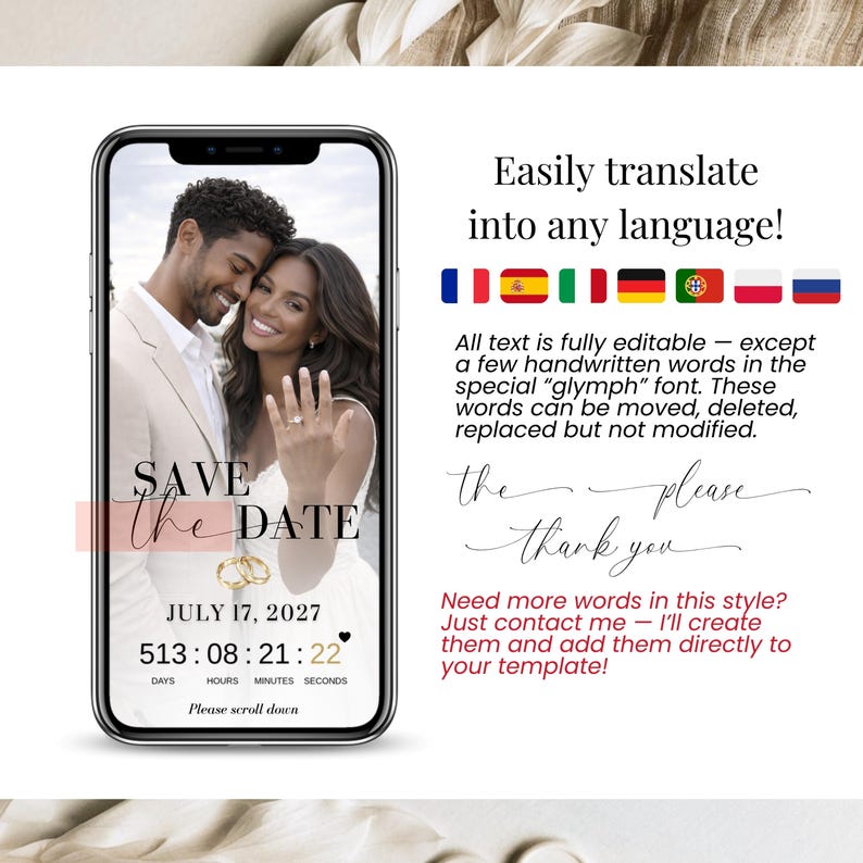 May include: A smartphone shows a wedding "Save the Date" announcement with a couple's photo. The date is July 17, 2027, with a countdown timer. Text on the side says, "Easily translate into any language!"