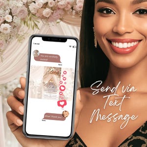 Bride holding mobile wedding invitation, send by message or WhatsApp, animated digital RSVP wedding invite, blush and gold tones, elegant electronic wedding card, customizable and modern.