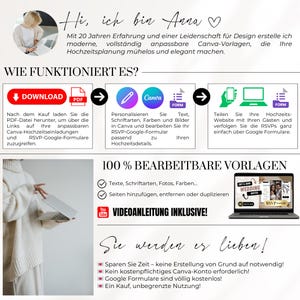 Anpassbare digitale Hochzeitseinladung – stilvolles Canva-Design mit RSVP-Integration und Gästelisten-Tracking per Google-Formular. Zeitgemäße Lösung für elegante und nachhaltige Hochzeiten.