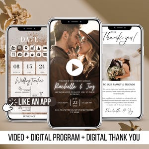 Wedding invitation set, Digital Wedding Video Invitation, Interactive Program, Thank You Cards | Modern & Elegant | Canva Template
