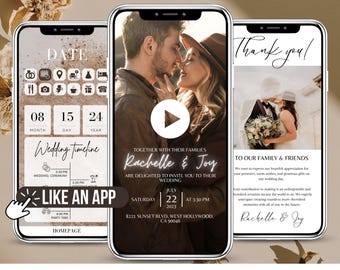 May include: A digital wedding invitation with a video play button, a wedding timeline, and a thank you card. The invitation features a couple in a romantic pose with the text "Rachelle & Joy" in a neon-like font. The timeline includes the wedding ceremony, cocktail hour, and party time. The thank you card features a couple in a wedding dress and suit with the text "Thank you!" in a cursive font.