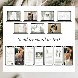 Sage green digital wedding invitation set shown on laptop and phone screens. Animated Canva template with RSVP link, countdown timer, wedding details pages, schedule, venue map and online RSVP form. Send by email, text or WhatsApp. Modern editable e invite for elegant greenery wedding, mobile-friendly design for couples planning a stylish digital wedding website.