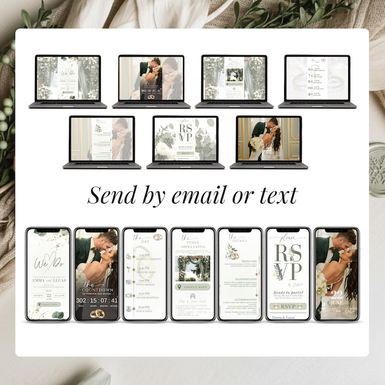 Sage green digital wedding invitation set shown on laptop and phone screens. Animated Canva template with RSVP link, countdown timer, wedding details pages, schedule, venue map and online RSVP form. Send by email, text or WhatsApp. Modern editable e invite for elegant greenery wedding, mobile-friendly design for couples planning a stylish digital wedding website.