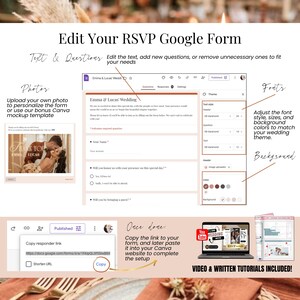 Editable wedding RSVP Google Form template, customize text, photos, fonts, colors, and questions, burnt orange wedding invitation Canva template, terracotta wedding RSVP website, interactive fall autumn digital wedding invitation
