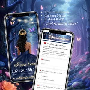 Elegant Quinceañera guest preview with mobile invitation shown. Blue dress, fairytale golden accents, and testimonial style layout.