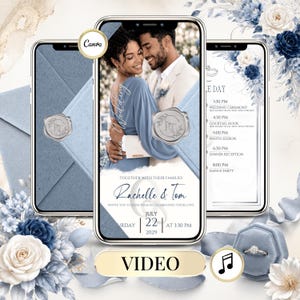 Dusty Blue Wedding Video Invitation with animated envelope opening, blue and silver wedding theme, editable Canva MP4 template, romantic digital wedding invite featuring elegant florals, wax seal, customizable photos, music and text.
