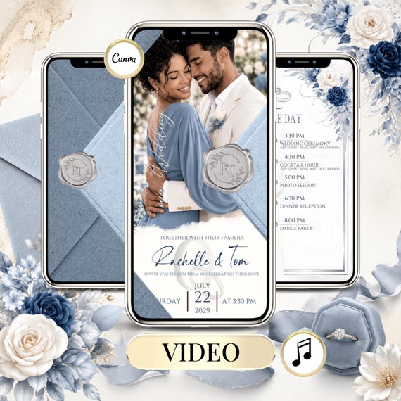 Blue Silver Wedding Video Invitation, Animated Envelope Wedding Invite, Dusty Blue Digital Wedding Invitation, Canva MP4 Template