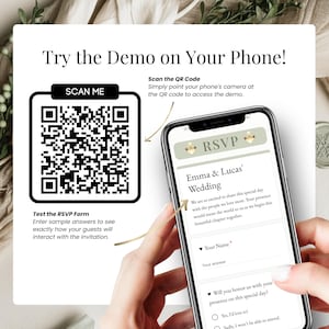 Sage green digital wedding invitation RSVP demo with QR code. Mobile phone preview showing Google Forms RSVP embedded in Canva website. Editable online wedding invite with RSVP link, modern e invite template with interactive form, elegant botanical design for couples. Try the demo on your phone by scanning the QR code.