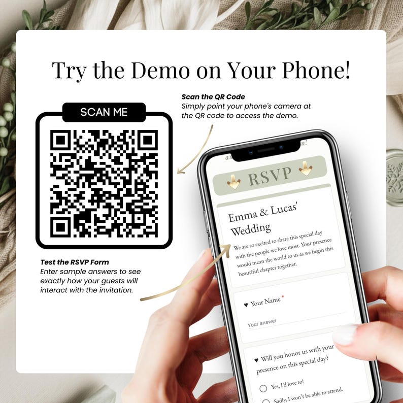 Sage green digital wedding invitation RSVP demo with QR code. Mobile phone preview showing Google Forms RSVP embedded in Canva website. Editable online wedding invite with RSVP link, modern e invite template with interactive form, elegant botanical design for couples. Try the demo on your phone by scanning the QR code.