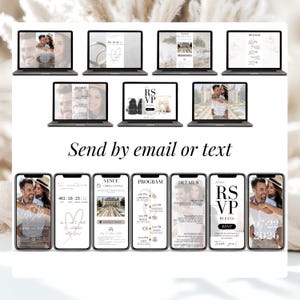 Full set of digital wedding invitation templates sent by email or text. Includes RSVP form, countdown timer, venue map, wedding program, and event details. Designed for phones and laptops, this modern Canva bundle is perfect for online weddings. Track RSVPs and share your celebration effortlessly with mobile-friendly, editable templates for every step.