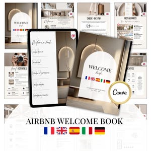 May include: An Airbnb welcome book design with a minimalist aesthetic. The cover features the text "WELCOME book" with flags of different countries. Inside, there are pages for house manuals, amenities, and local activities.