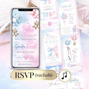 May include: A digital gender reveal invitation on a smartphone screen, featuring pink and blue balloons, teddy bears, and the text "He or She." Additional cards display related graphics and text, including "RSVP" and a countdown.