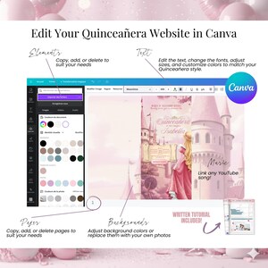 Edit your Sleeping Beauty Quinceañera website in Canva. Fully customizable pink digital invitation template for Sweet 16 event. Add photos, text, colors, and princess castle background. Ideal for elegant modern online invitations with embedded RSVP and countdown.