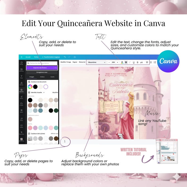 Edit your Sleeping Beauty Quinceañera website in Canva. Fully customizable pink digital invitation template for Sweet 16 event. Add photos, text, colors, and princess castle background. Ideal for elegant modern online invitations with embedded RSVP and countdown.