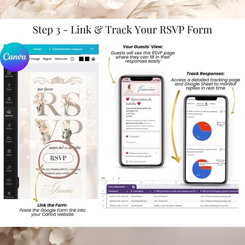 Track RSVP en tiempo real con Google Forms | Online Quinceañera Guest List Management