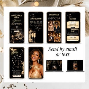 Black gold adult birthday party invite, masquerade digital invitation with RSVP link, mobile friendly Canva template for 30th 40th 50th 60th milestone birthday any age event.