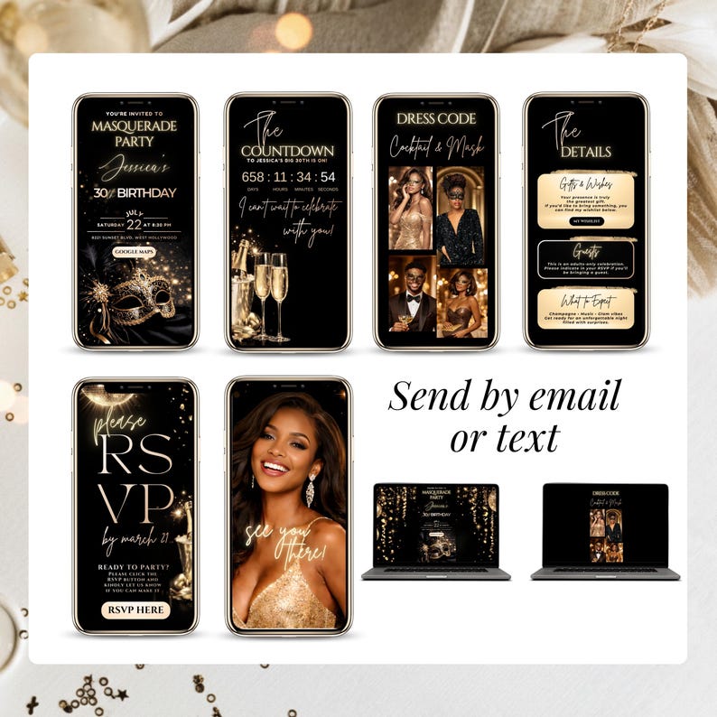 Black gold adult birthday party invite, masquerade digital invitation with RSVP link, mobile friendly Canva template for 30th 40th 50th 60th milestone birthday any age event.