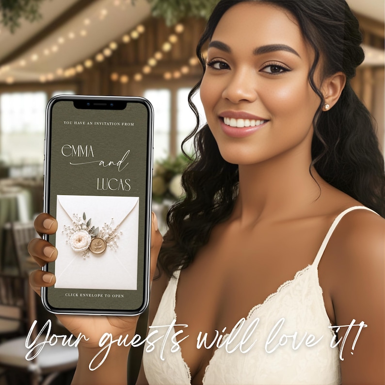 Bride holding phone with wedding invitation website, green wedding save the date Canva template, digital RSVP invitation mobile, elegant wedding invite preview, modern wedding website design, guests will love it wedding invite