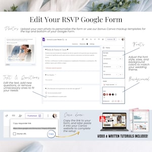 May include: A digital wedding RSVP form design guide. The image shows a Google Form interface with options to edit text, questions, fonts, and background colors. Includes instructions for copying the link and using Canva.