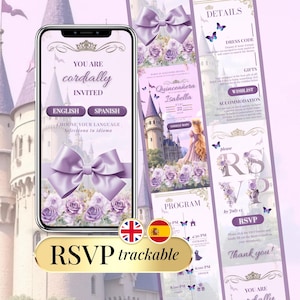 Invitación Quinceañera Digital 15 Años Sweet 16 Princesa Rapunzel Enredados Editable en Canva RSVP Online Morado Inglés Español Bilingüe