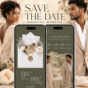 May include: A wedding website advertisement featuring a couple. The design includes two smartphones displaying a countdown and a save-the-date message. The text reads "SAVE THE DATE WEDDING WEBSITE" and "JULY 2027". The color scheme is soft and romantic.