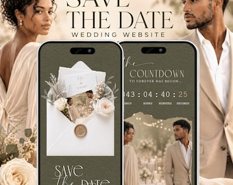 May include: A wedding website advertisement featuring a couple. The design includes two smartphones displaying a countdown and a save-the-date message. The text reads "SAVE THE DATE WEDDING WEBSITE" and "JULY 2027". The color scheme is soft and romantic.