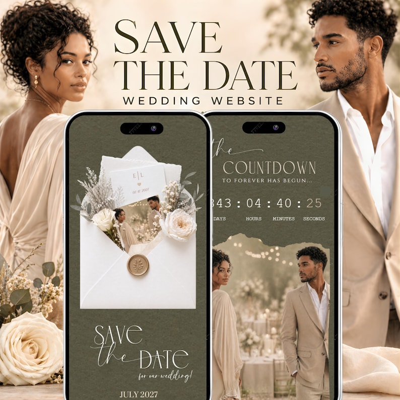 Green wedding save the date RSVP website template, Canva digital invitation with envelope click animation, mobile wedding invite, editable monogram initials, olive green elegant wedding website, countdown music, modern RSVP invitation