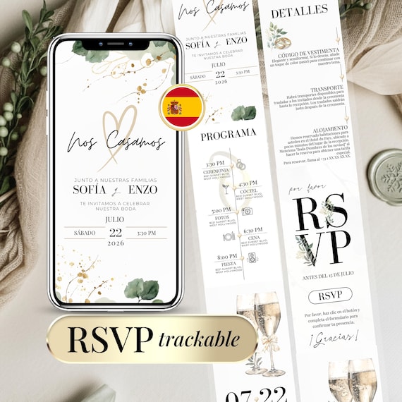 Faire-part de Mariage Numérique en Espagnol – Modèle Canva Personnalisable avec RSVP en Ligne Suivi – Invitation de Boda Digital Editable