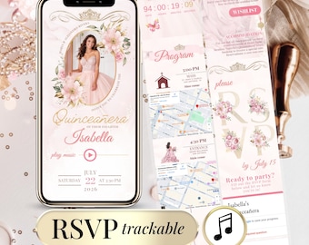 Digital Quinceañera Invitation Sweet 16 Website with Editable Embedded RSVP Tracker Countdown, 15th Birthday Online Invite Canva Template