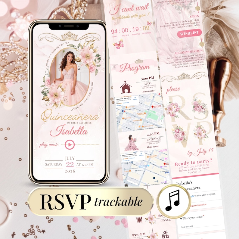 Quinceañera digital invitation template with RSVP tracking, real-time countdown, Google Form integration, clickable YouTube music link, and full mobile layout. Editable Canva website for Sweet 16 or 15th birthday party, featuring elegant pink floral design, event schedule, padrinos, and court of honor. Perfect for modern quince event planning and online guest management.
