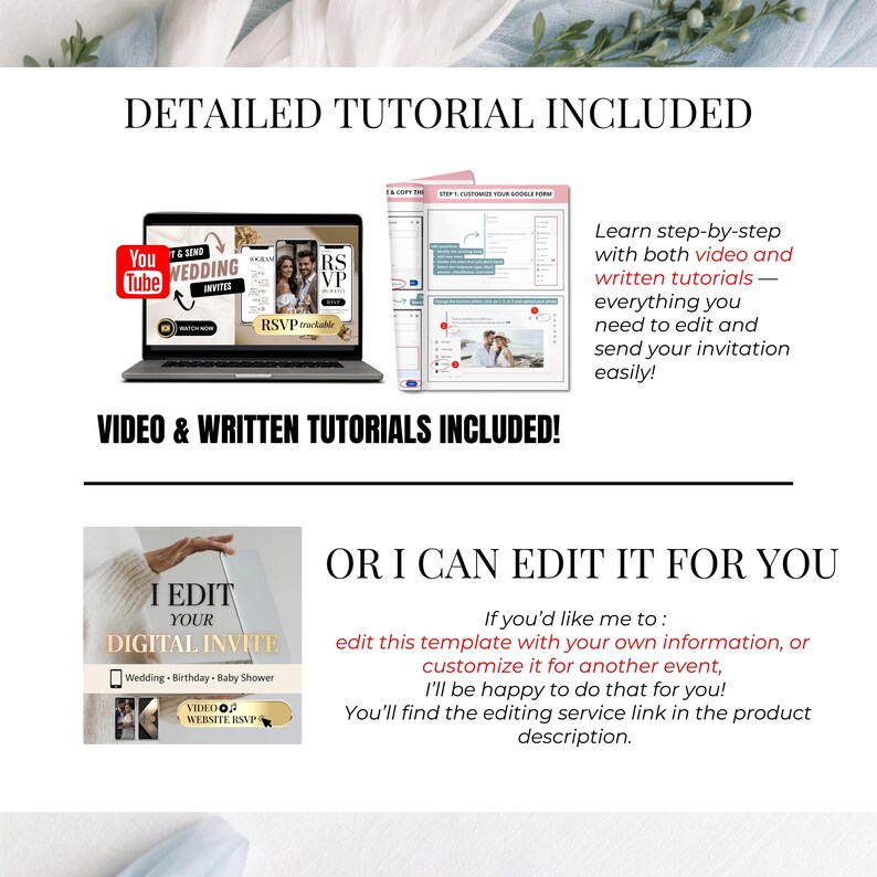 Detailed tutorial included with digital wedding invitation, video and written guide to edit Canva wedding website, step-by-step instructions for RSVP tracking and customization