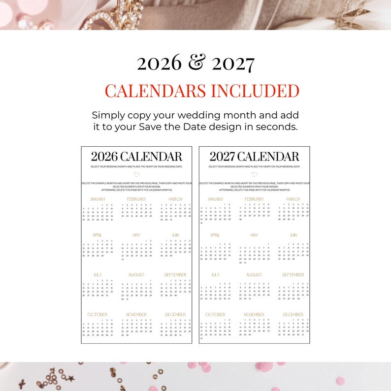 Quinceañera invitation Canva template with 2026 and 2027 calendar pages included, editable save the date design, pink blush gold theme, digital Sweet 16 invitation, easy customization for selecting event date in elegant invitation layout