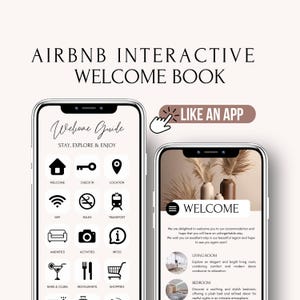Può includere: Un mockup di smartphone che mostra una guida di benvenuto interattiva per gli ospiti di Airbnb. La guida presenta icone per il benvenuto, il check-in, la posizione, il wifi, le regole, il trasporto, i servizi, le attività, le informazioni, i bar e i club, i ristoranti e lo shopping. Il secondo schermo mostra un messaggio di benvenuto e descrizioni per il soggiorno e la camera da letto.