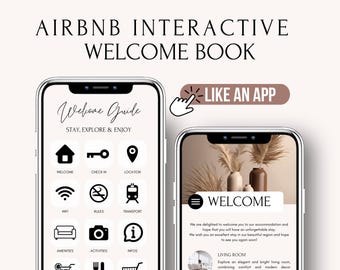 Puede incluir: Una maqueta de teléfono inteligente que muestra una guía de bienvenida interactiva para los huéspedes de Airbnb. La guía presenta iconos para la bienvenida, el registro, la ubicación, el wifi, las reglas, el transporte, los servicios, las actividades, la información, los bares y los clubes, los restaurantes y las tiendas. La segunda pantalla muestra un mensaje de bienvenida y descripciones para la sala de estar y el dormitorio.