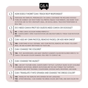 Cinderella Quinceañera invitation FAQ and support information. Learn about RSVP tracking, Canva editing, custom colors, music integration, language translation, and website invitation features for XV Años celebrations.