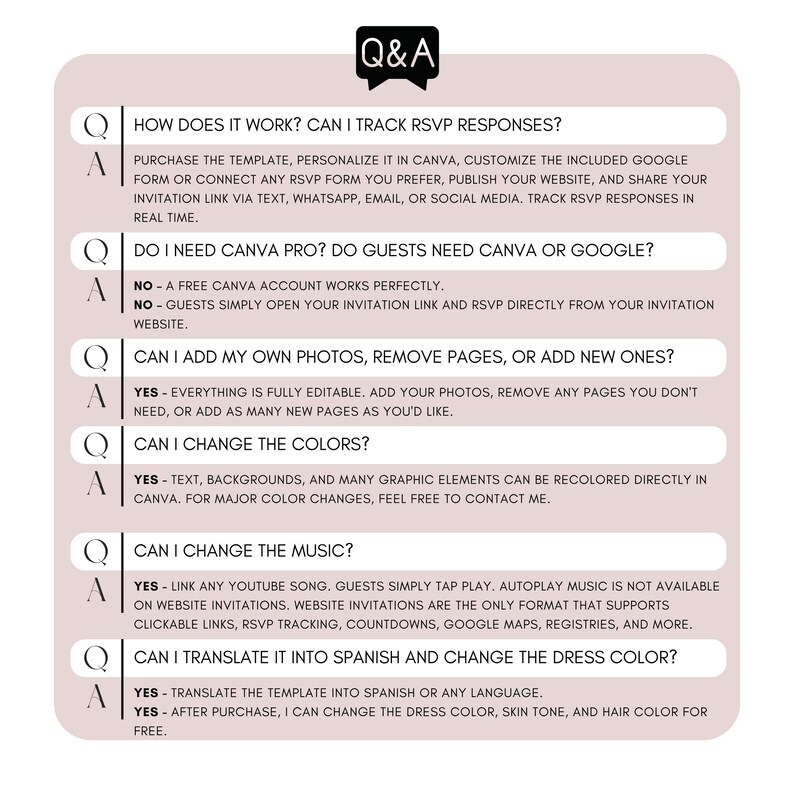 Cinderella Quinceañera invitation FAQ and support information. Learn about RSVP tracking, Canva editing, custom colors, music integration, language translation, and website invitation features for XV Años celebrations.