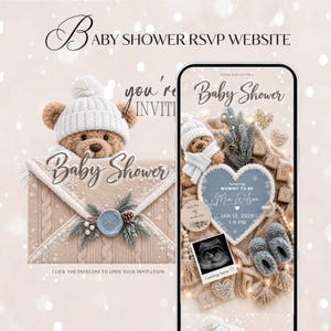 Könnte beinhalten: Eine digitale Babyparty-RSVP-Website-Vorlage mit einem beigen Strickumschlag, einem Teddybären mit weißer Mütze, einem blauen Wachssiegel und Tannenzweigen. Der mobile Bildschirm zeigt eine herzförmige Karte für Mia Wilson, 12. Jan. 2028.