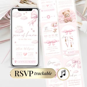 May include: A digital baby shower invitation displayed on a smartphone screen and a vertical layout, featuring soft pink clouds, bows, stars, and a teddy bear. The text reads A little piece of heaven is on the way, Mia Wilson, June 15, 2-5PM, and Google Maps.