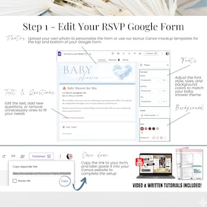 Step-by-step tutorial to edit RSVP Google Form for baby shower invitation. Heaven Sent blue digital baby shower invite for boy with teddy bear theme.