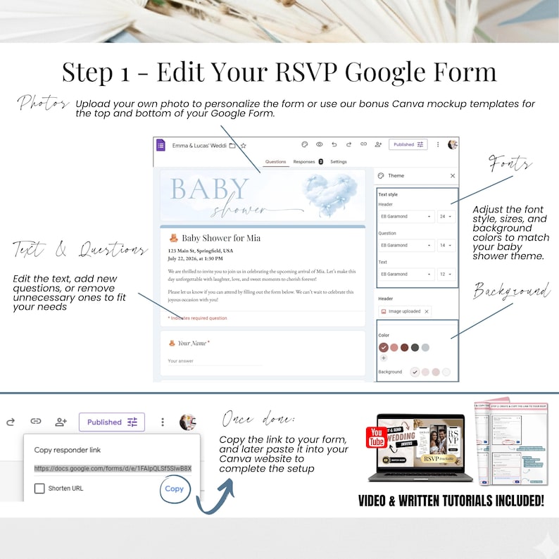 Step-by-step tutorial to edit RSVP Google Form for baby shower invitation. Heaven Sent blue digital baby shower invite for boy with teddy bear theme.