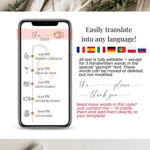 Sage green digital wedding invitation timeline page on mobile phone, showing wedding schedule with icons. Fully editable text and translatable into any language. Includes multi-language flags (French, Spanish, Italian, German, Portuguese, Dutch, Polish, Russian). Canva template allows custom fonts and wording. Perfect for international couples planning an online wedding invite.