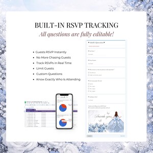 Trackable RSVP form for Cinderella Quinceañera invitation website. Editable Google RSVP form with real-time guest tracking, attendance management, custom questions, and response analytics for XV Años celebrations.