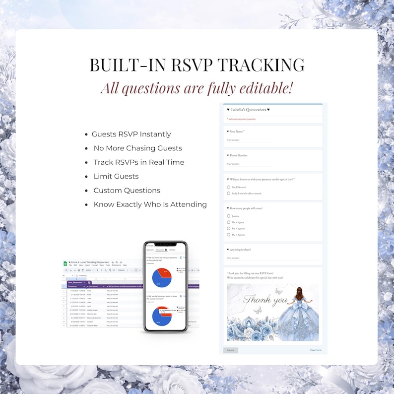 Trackable RSVP form for Cinderella Quinceañera invitation website. Editable Google RSVP form with real-time guest tracking, attendance management, custom questions, and response analytics for XV Años celebrations.