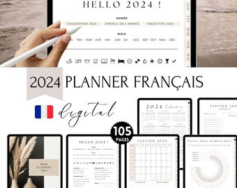 French Planner 2024, Hyperlinked Digital Planner for GoodNotes and PDF Readers, Digital Agenda Planner in French dated for 2024