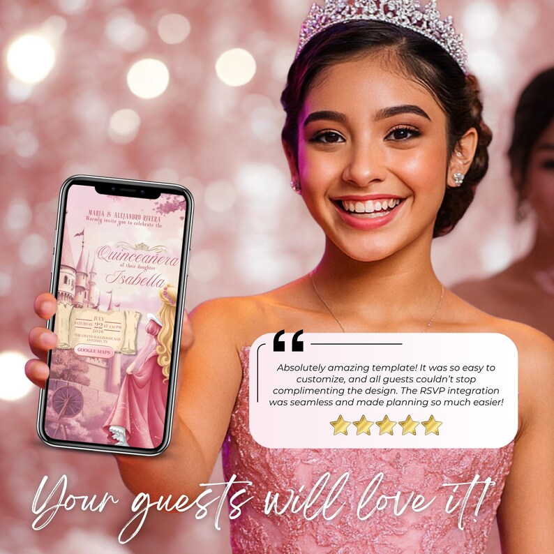 Happy Quinceañera guest holding phone showing Sleeping Beauty Sweet 16 digital invitation website. Pink fairy-tale theme with RSVP form and countdown. Editable Canva template for elegant princess-style online event. Perfect 15th birthday invitation idea with real-time features.